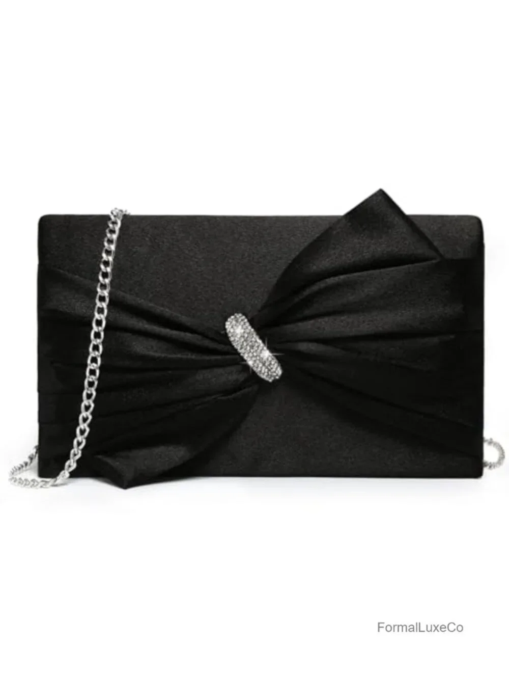 Satin Bow Flap Evening Clutch Rhinestone Prom Wedding Party Bag with Chain Strap